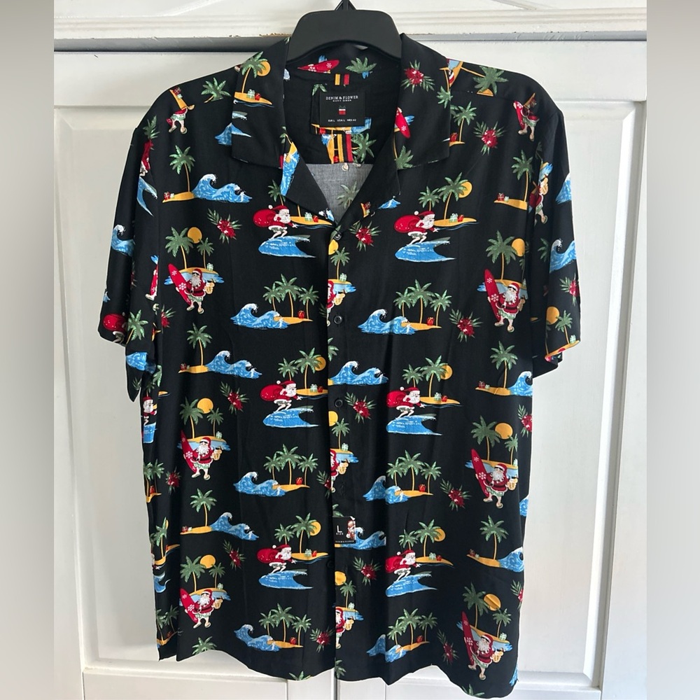 🆕 Ugly Christmas IN JULY Shirt Denim & Flower  Men's LARGE Surfin' Santa